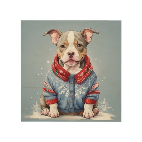 Adorable Christmas Pitbull Puppy Wood Wall Art
