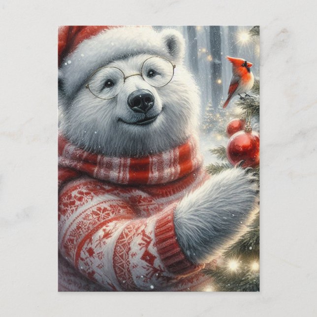 Adorable Christmas Polar Bear and Cardinal Bird Postcard (Front)