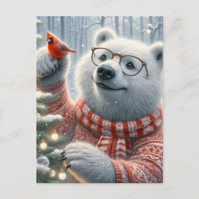 Adorable Christmas Polar Bear and Cardinal Tree Postcard (Front)