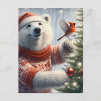 Adorable Christmas Polar Bear and the Cardinal