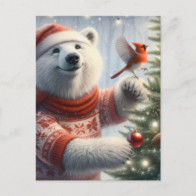Adorable Christmas Polar Bear and the Cardinal Postcard (Front)