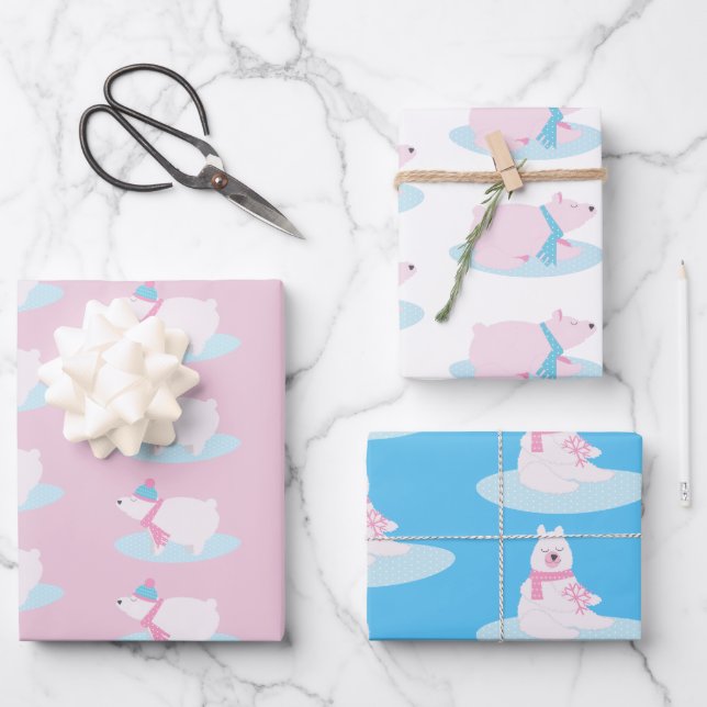 Adorable Christmas Polar Fluffy Bears Snowflakes Wrapping Paper Sheets (Front)