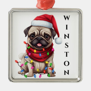 ADORABLE CHRISTMAS PUG DOG WITH LIGHTS METAL ORNAMENT