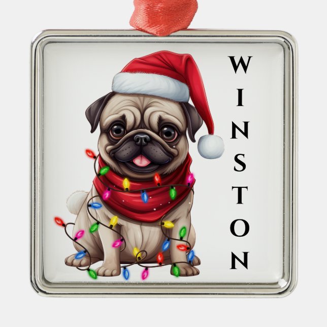 ADORABLE CHRISTMAS PUG DOG WITH LIGHTS METAL ORNAMENT (Front)