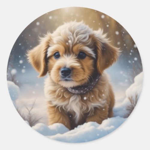 Adorable Christmas Puppy on a Snowy Night Classic Round Sticker