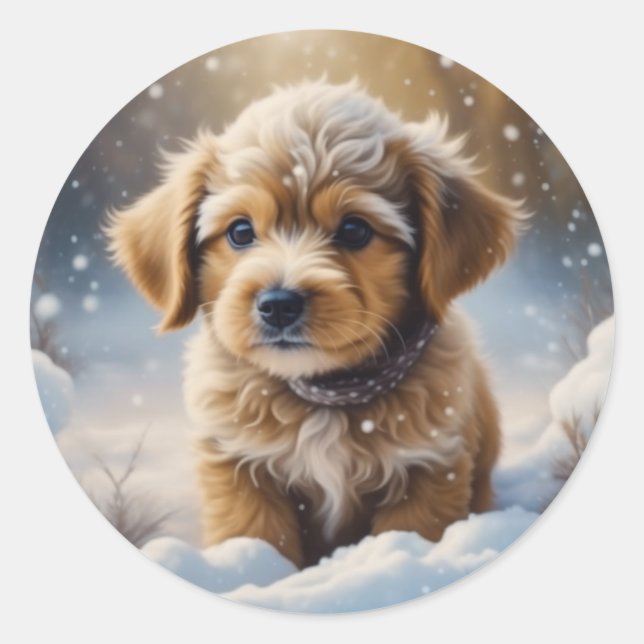 Adorable Christmas Puppy on a Snowy Night Classic Round Sticker (Front)