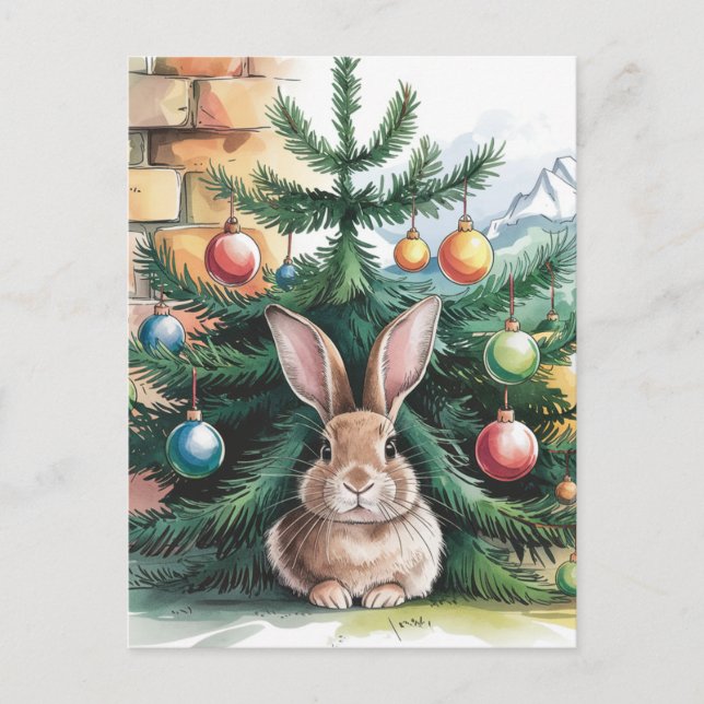 Adorable Christmas Rabbit Under the Tree Postcard (Front)