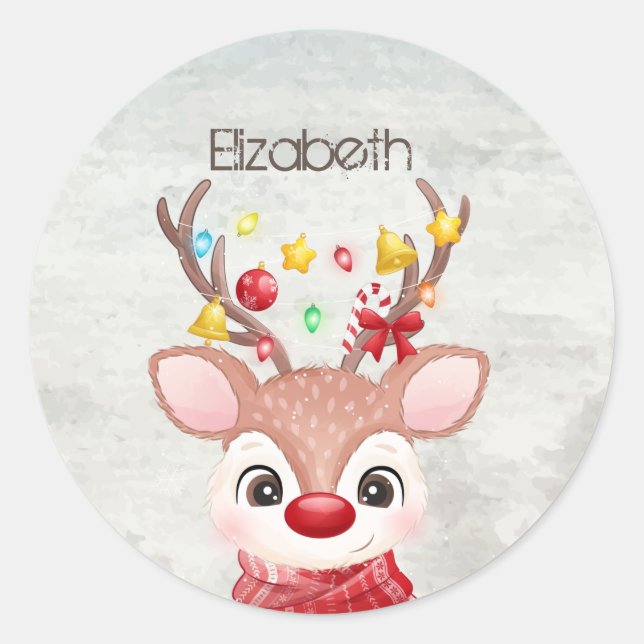 Adorable Christmas Reindeer   Classic Round Sticker (Front)