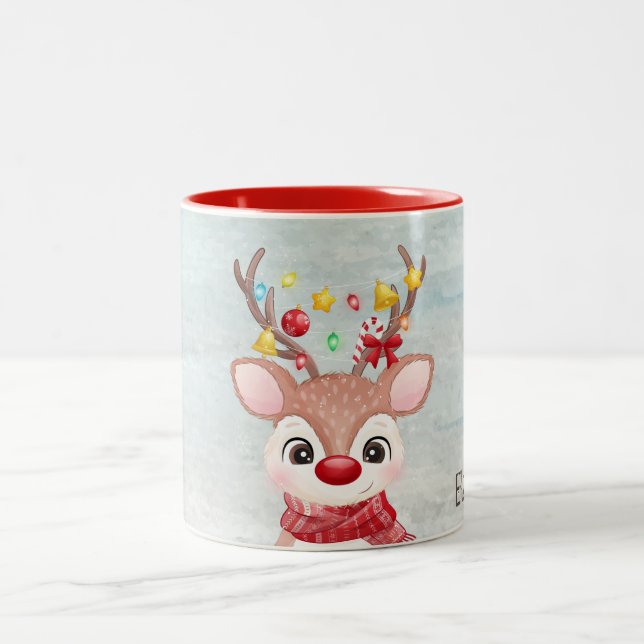 Adorable Christmas Reindeer  Two-Tone Coffee Mug (Center)