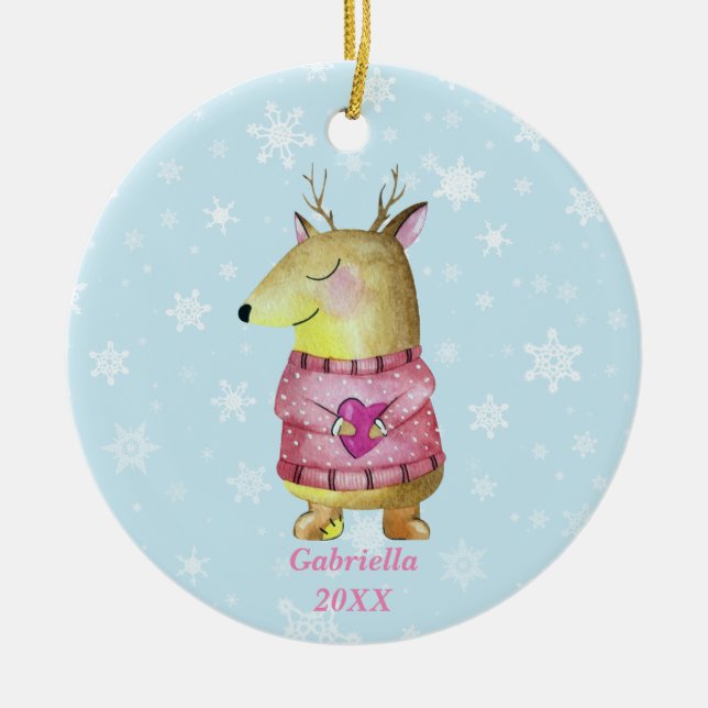 Adorable Christmas Reindeer wearing a pink sweater Ceramic Ornament (Front)