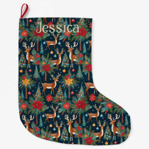 Adorable Christmas Reindeer With Antlers Large Christmas Stocking
