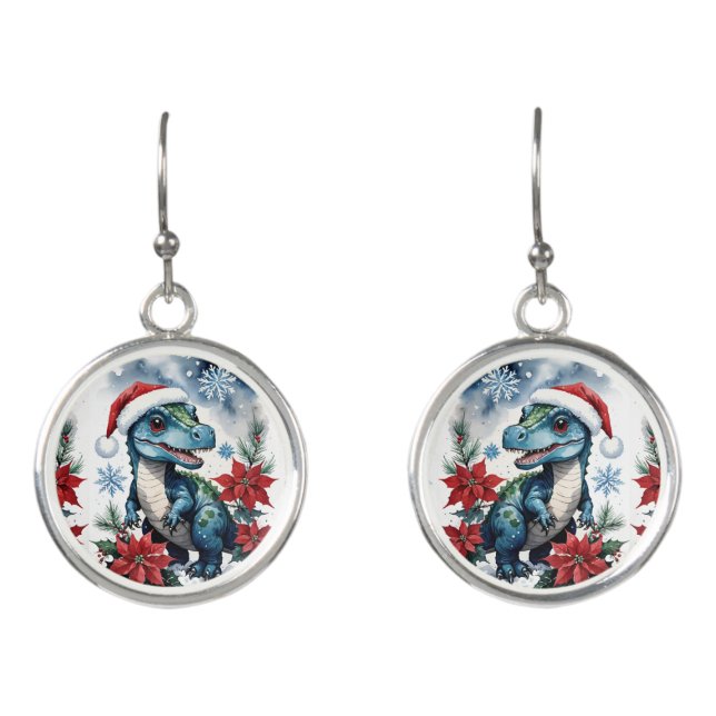 Adorable Christmas Santa T-Rex Santa Earrings (Front)