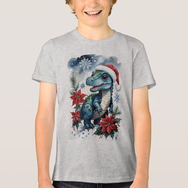 Adorable Christmas Santa T-Rex Santa Tri-Blend Shirt (Front)
