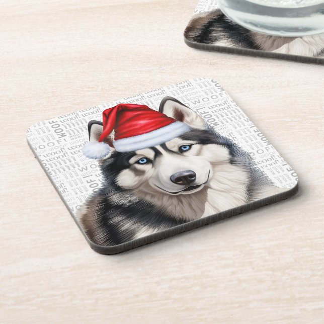 Adorable Christmas Siberian Husky Woof Word Art Beverage Coaster (Left Side)