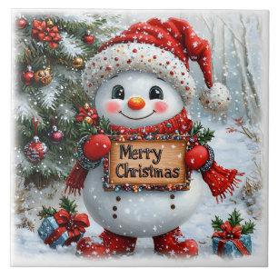 Adorable Christmas Snowman Ceramic Tile