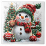 Adorable Christmas Snowman Ceramic Tile<br><div class="desc">An adorable and colorful Christmas snowman. Vintage Inspired Image.</div>