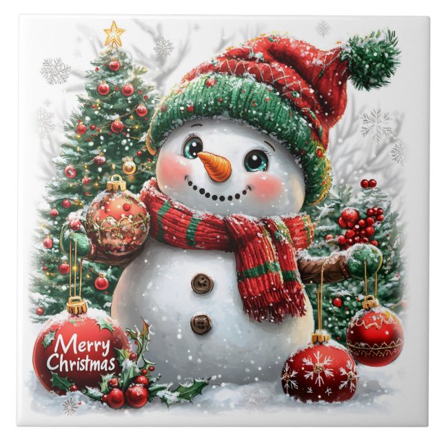 Adorable Christmas Snowman Ceramic Tile (Front)