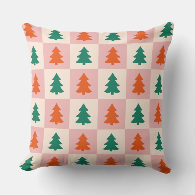 Adorable Christmas trees in Square pattern pink Throw Pillow (Front)
