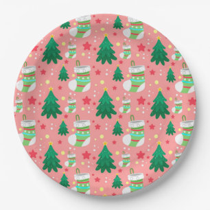 Adorable Christmas Trees, Stockings, Stars Pattern Paper Plates