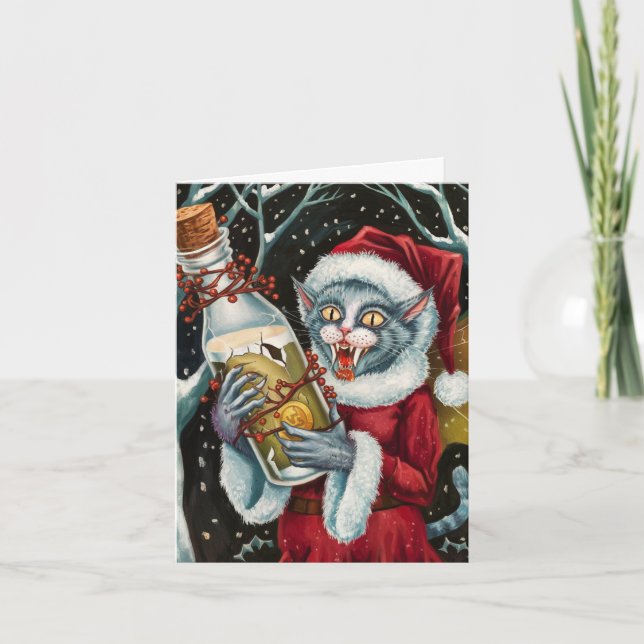 Adorable Christmas Vampire Grey Cat Fairy Card (Front)
