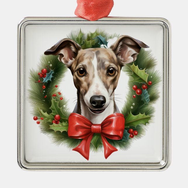 ADORABLE CHRISTMAS WHIPPET DOG WREATH METAL ORNAMENT (Front)