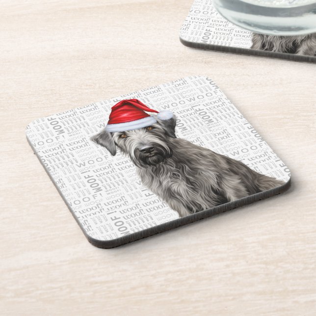 Adorable Christmas Wolfhound Dog Woof Word Art Beverage Coaster (Left Side)