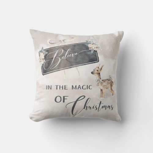 Adorable Christmas Woodland Scene with Fawn Throw Pillow