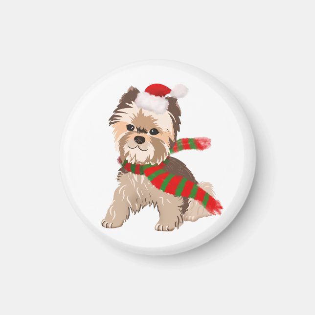 Adorable Christmas Yorkie In Santa Hat Magnet (Front)