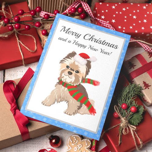 Adorable Christmas Yorkie In Santa Hat Merry Chris Holiday Card