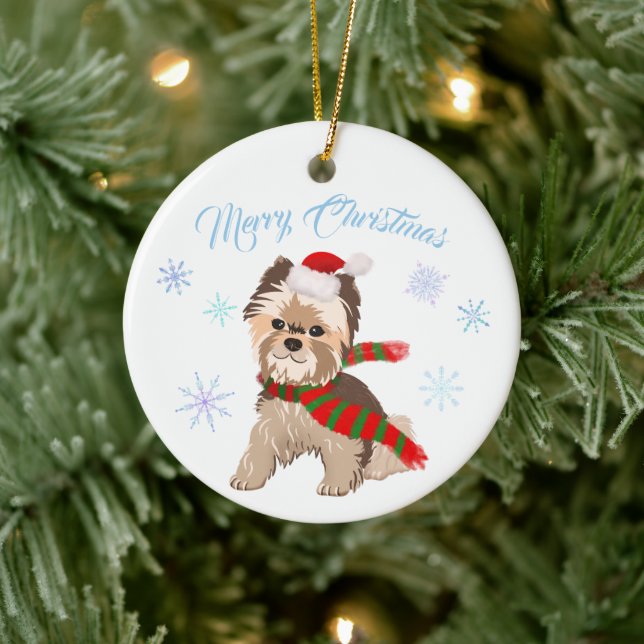 Adorable Christmas Yorkie In Santa Hat Snowflakes  Ceramic Ornament (Tree)