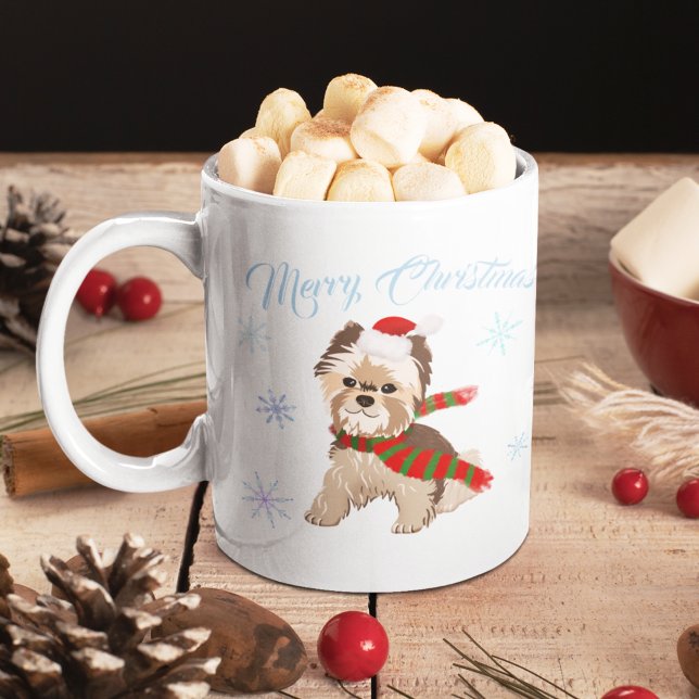 Adorable Christmas Yorkie In Santa Hat Snowflakes  Coffee Mug (Creator Uploaded)