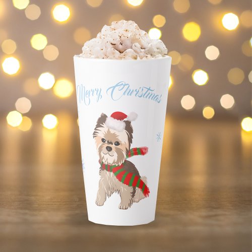 Adorable Christmas Yorkie In Santa Hat Snowflakes  Latte Mug