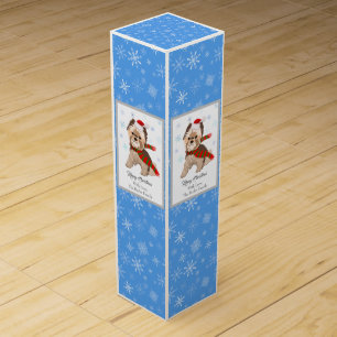 Adorable Christmas Yorkie In Santa Hat Snowflakes Wine Box