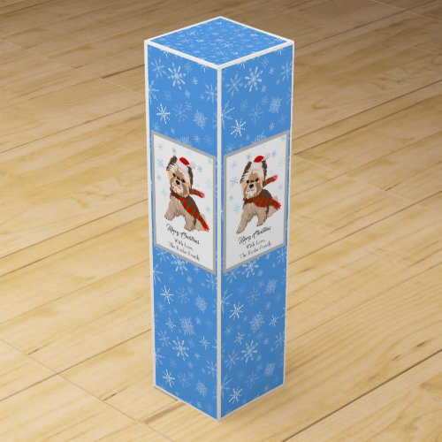 Adorable Christmas Yorkie In Santa Hat Snowflakes  Wine Box