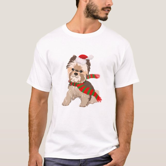 Adorable Christmas Yorkie In Santa Hat T-Shirt (Front)