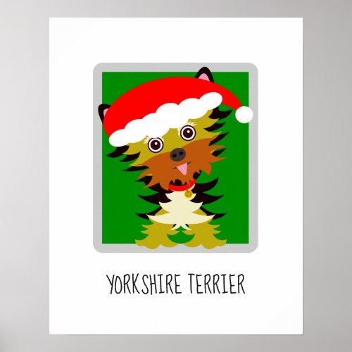 Adorable Christmas Yorkie Santa Hat Cartoon Poster