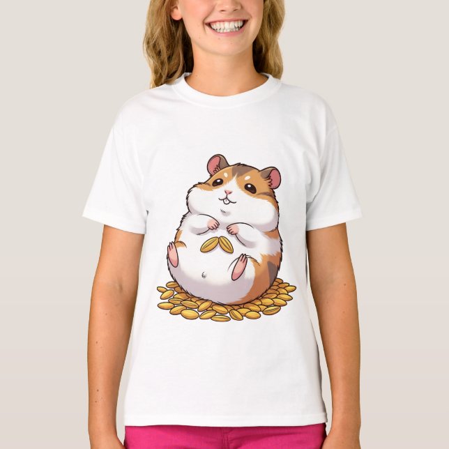 Adorable Chubby Hamster Sitting on Pile of Seeds T-Shirt (Front)