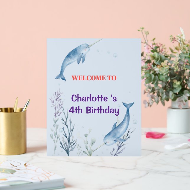 Adorable Chubby Narwhal Whale fish Seamless Sea Li Acrylic Sign (Wedding)