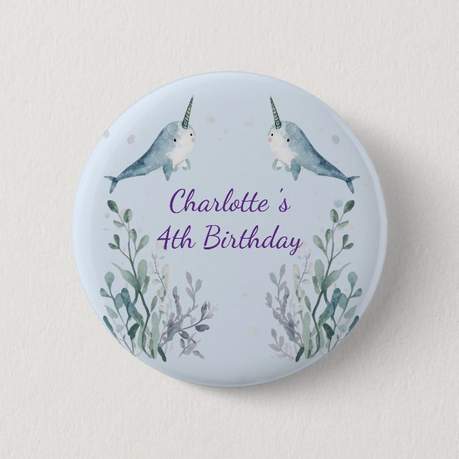 Adorable Chubby Narwhal Whale fish Seamless Sea Li Button (Front)