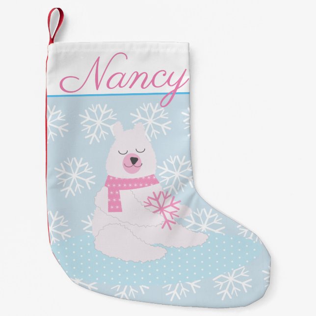 Adorable Chubby Polar Bear with Snowflakes Small Christmas Stocking (Front)