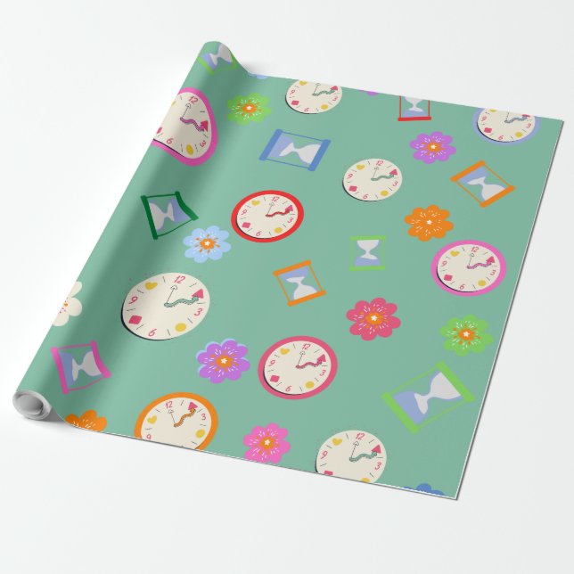 Adorable clocks and flowers green party wrapping paper (Unrolled)