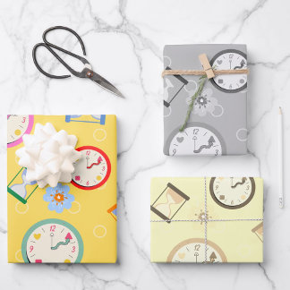 Adorable clocks and flowers party wrapping paper sheets