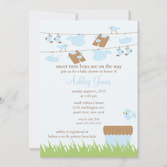 Adorable Clothesline Twins Baby Boy Shower Invitation (Front)