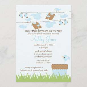 Adorable Clothesline Twins Baby Boy Shower Invitation