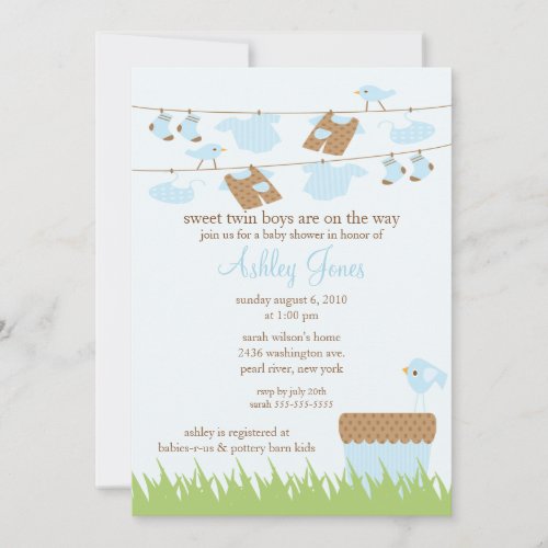 Adorable Clothesline Twins Baby Boy Shower Invite