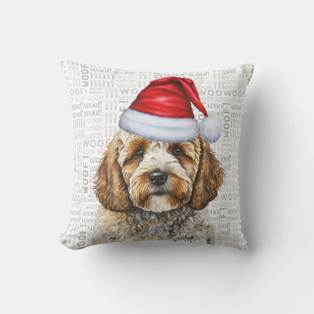 Adorable Cockapoo Dog in a Santa Hat Christmas Throw Pillow (Front)