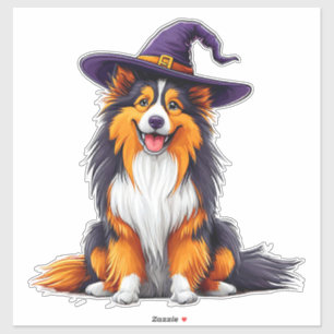 Adorable Collie Witch Hat Halloween Sticker