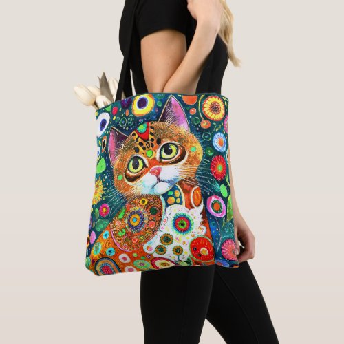 ADORABLE COLORFUL ABSTRACT DRAWING OF A CAT TOTE BAG