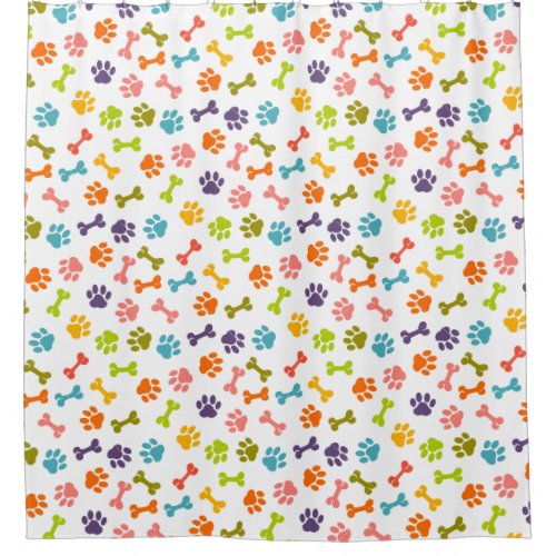 Adorable Colorful Bones and Puppy Paw Prints Shower Curtain