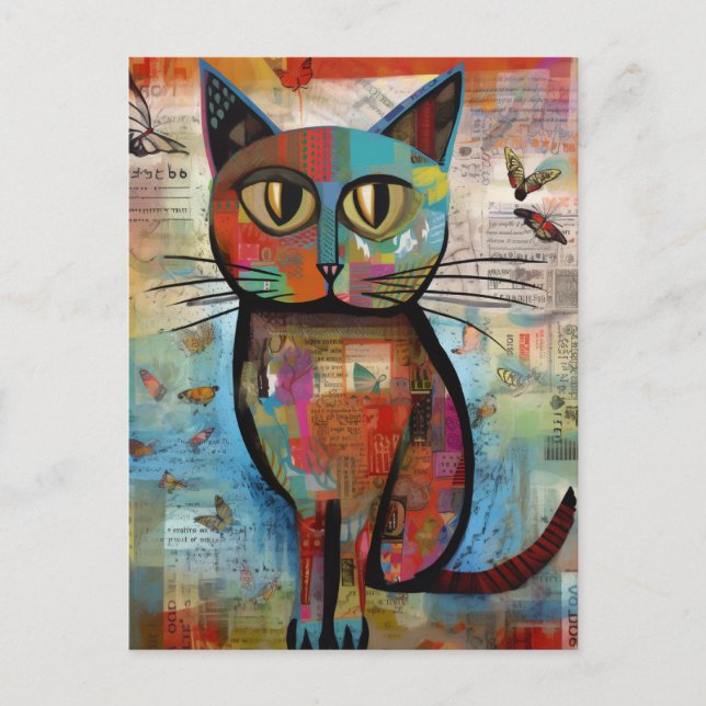 Adorable Colorful Cat Butteflies Collage Postcard (Front)